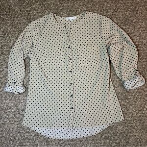 Notations M Beige Tan Black Polka Dot Button Blouse Shirt Long Sleeve Womens
